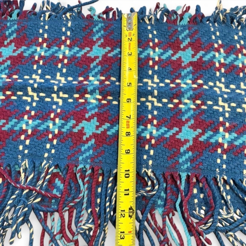 Oversized Plaid Blanket Scarf Blue Burgundy Fringe Cozy Fall Winter Wrap - Picture 4 of 6